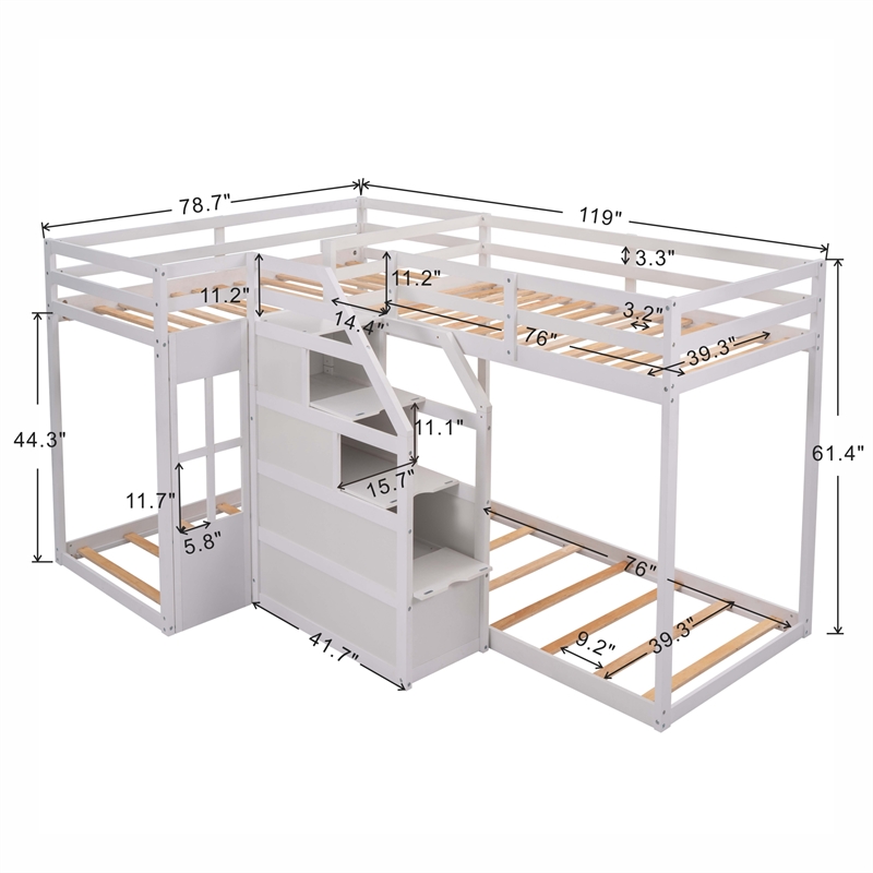 Afuera Living Twin Over Twin L-Shaped 4-Bed Bunk with Middle Staircase