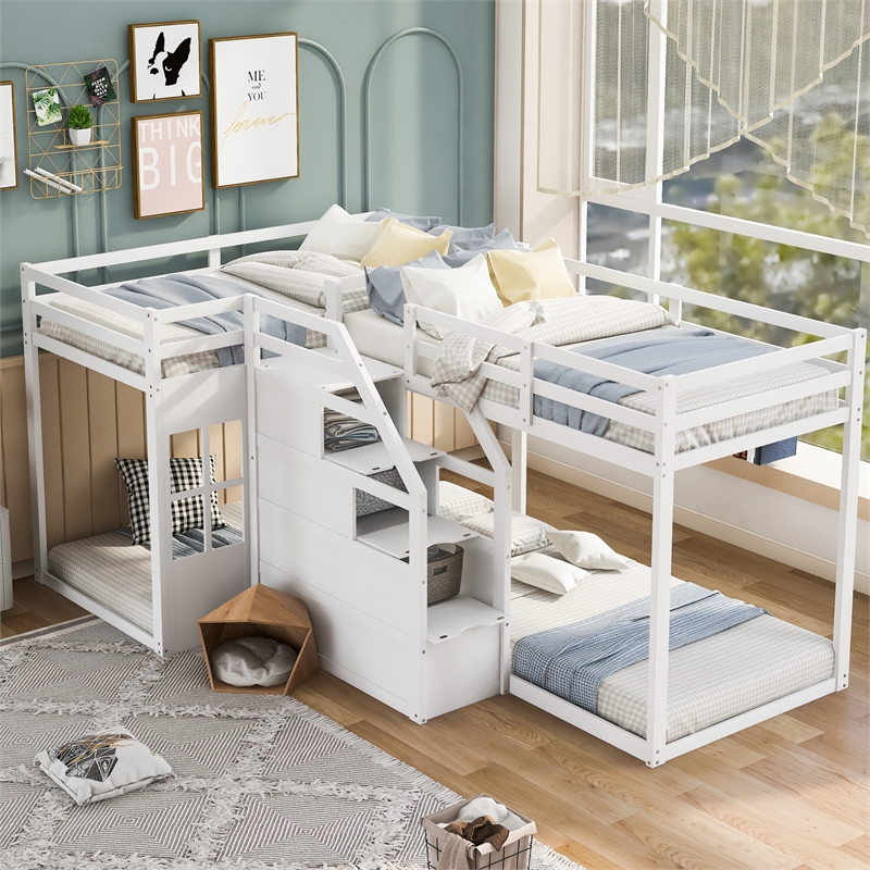 Afuera Living Twin Over Twin L-Shaped 4-Bed Bunk with Middle Staircase
