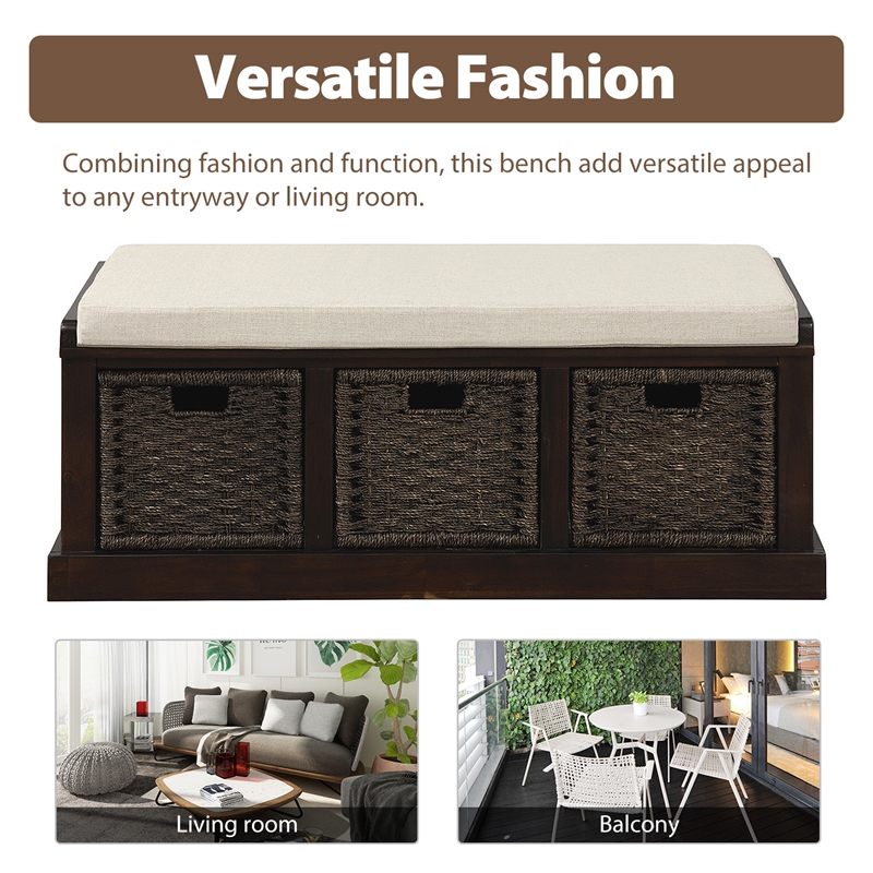 Afuera Living Storage Bench with 3 Rattan Baskets 400 lbs 41.3Lx15.7W Inches