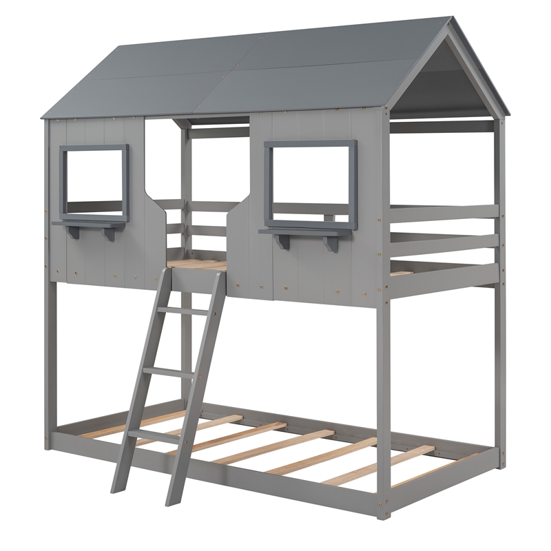 Afuera Living Twin Over Twin Playhouse Bunk Bed with Pitched Roof & Guardrail