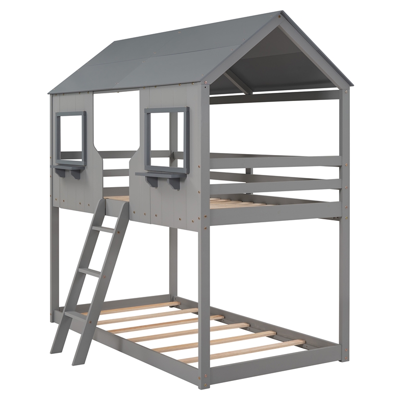 Afuera Living Twin Over Twin Playhouse Bunk Bed with Pitched Roof & Guardrail