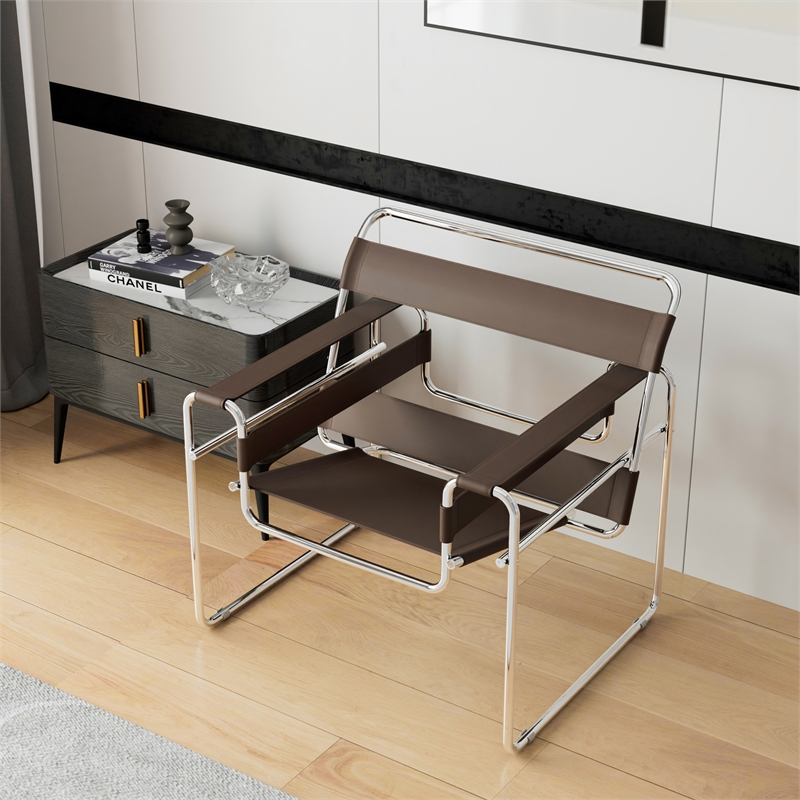 Afuera Living Brown 29.9-Inch Saddle Leather Armchair with Stainless Steel Frame