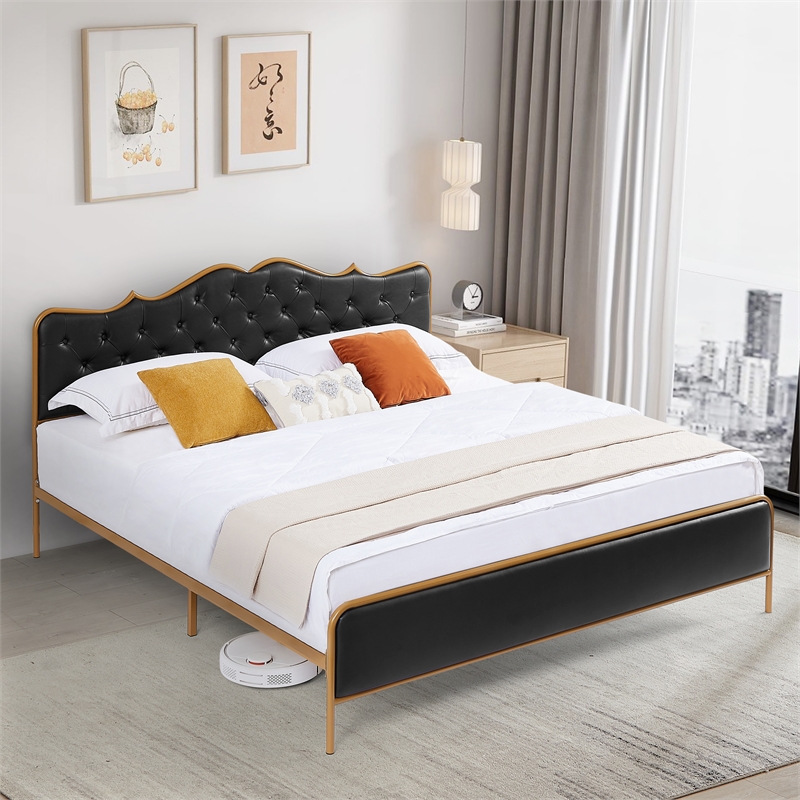 Afuera Living King Size Black Metal Frame Bed with Foam Upholstery & Wood Ribs