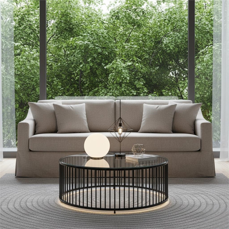 Afuera Living White Fabric Upholstered Sofa with Skirted Base & Rolled Arms