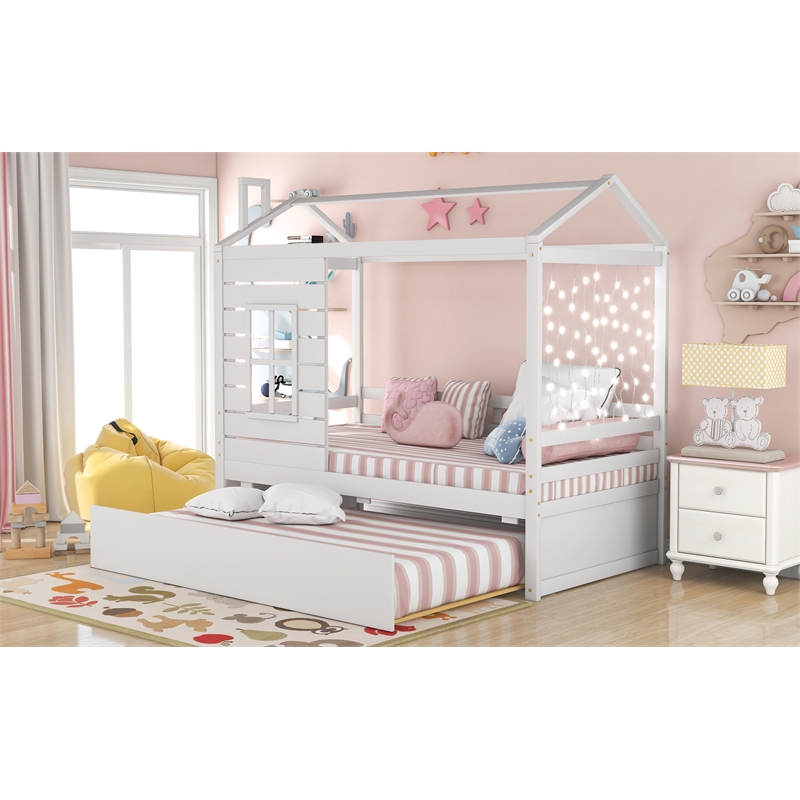 Afuera Living Twin House Bed with Twin Trundle & Guardrails & Pine Wood Frame