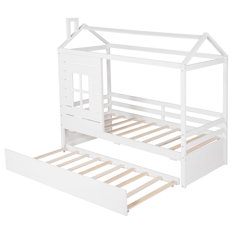 Afuera Living Twin House Bed with Twin Trundle & Guardrails & Pine Wood Frame