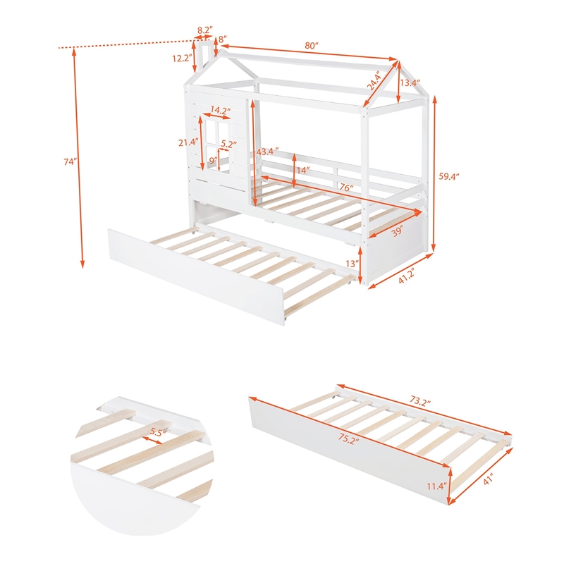 Afuera Living Twin House Bed with Twin Trundle & Guardrails & Pine Wood Frame