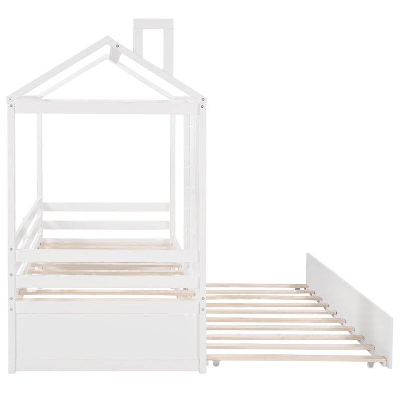 Afuera Living Twin House Bed with Twin Trundle & Guardrails & Pine Wood Frame