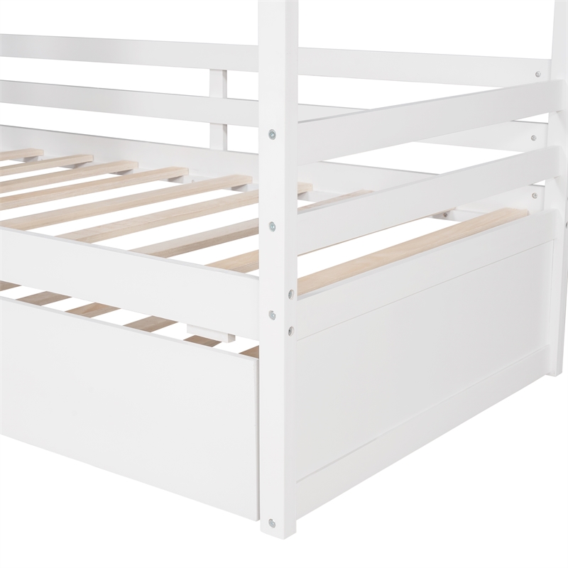 Afuera Living Twin House Bed with Twin Trundle & Guardrails & Pine Wood Frame