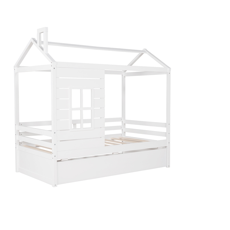 Afuera Living Twin House Bed with Twin Trundle & Guardrails & Pine Wood Frame