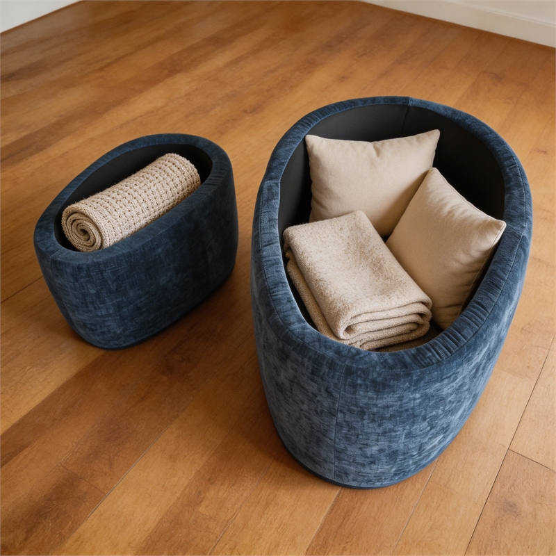 Afuera Living 2-Piece Blue Chenille Storage Ottoman Set with Nesting Design