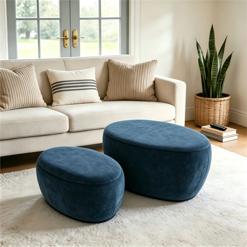 Afuera Living 2-Piece Blue Chenille Storage Ottoman Set with Nesting Design