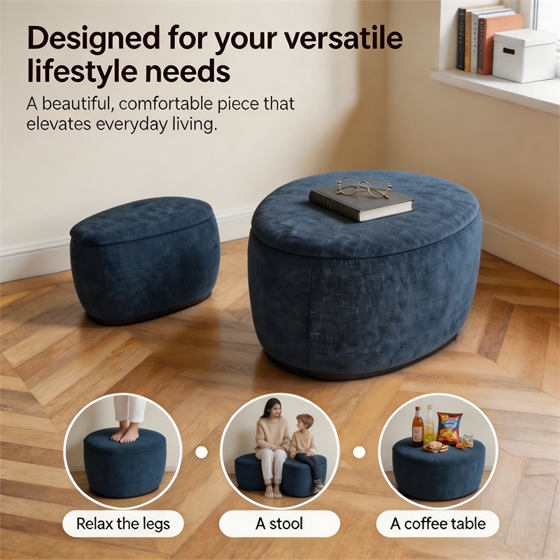 Afuera Living 2-Piece Blue Chenille Storage Ottoman Set with Nesting Design