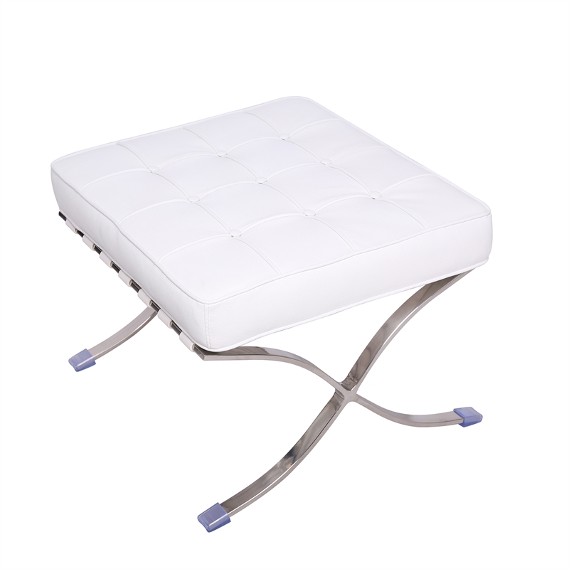 Afuera Living White Tufted Genuine Leather Ottoman with Stainless Steel X-Frame
