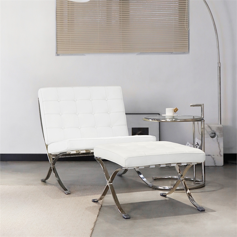 Afuera Living White Tufted Genuine Leather Ottoman with Stainless Steel X-Frame