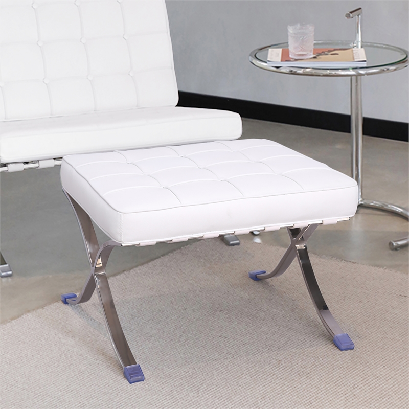 Afuera Living White Tufted Genuine Leather Ottoman with Stainless Steel X-Frame