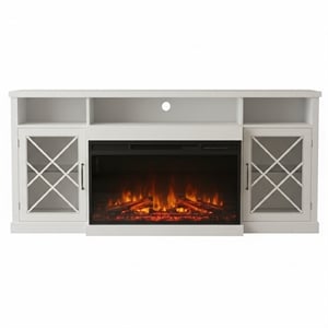 Afuera Living 65-Inch White TV Stand with 30-Inch 3-Sided Fireplace 400 Sq Ft