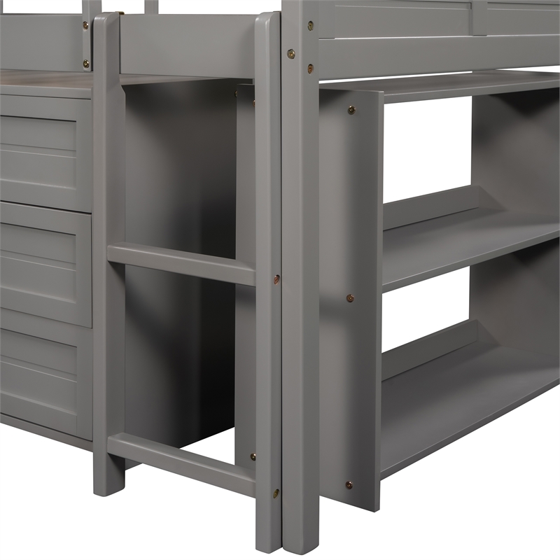 Afuera Living Gray Twin Low Loft Bed with Cabinets & Shelves & Guardrails