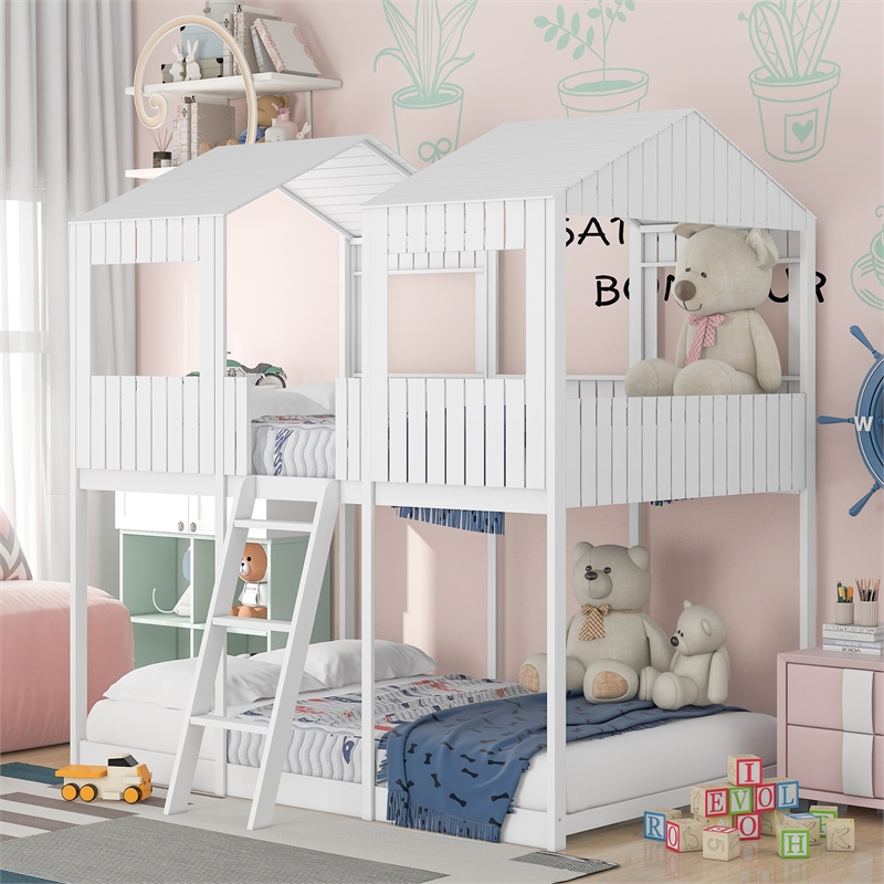 Afuera Living Full Over Full Bunk Bed with Pitched Roof & Window & Guardrails