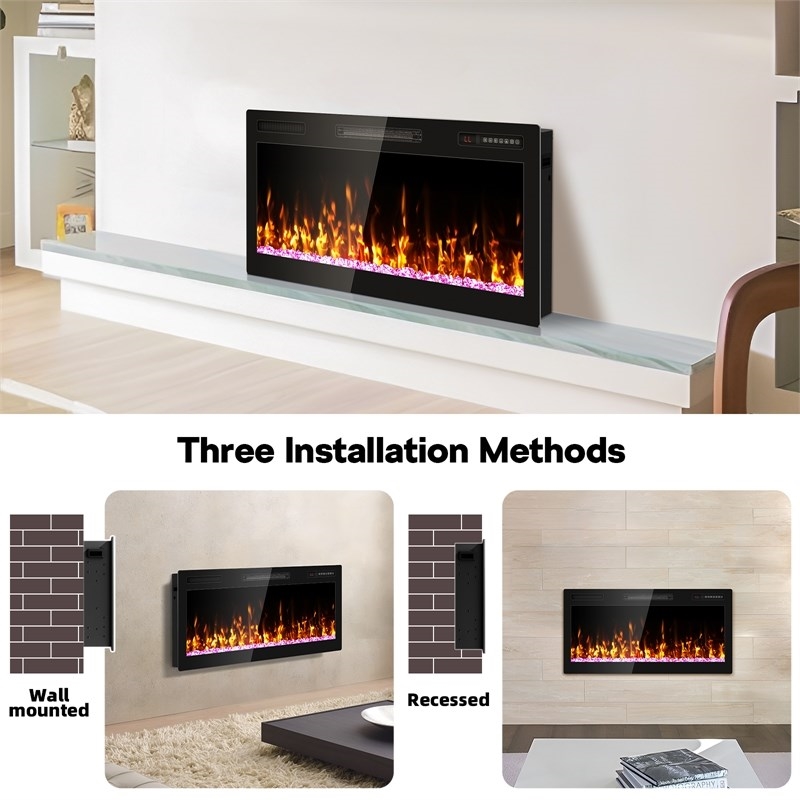 Afuera Living 36-Inch Black 1500W Ultra-Thin Recessed Fireplace 3D HD Flames