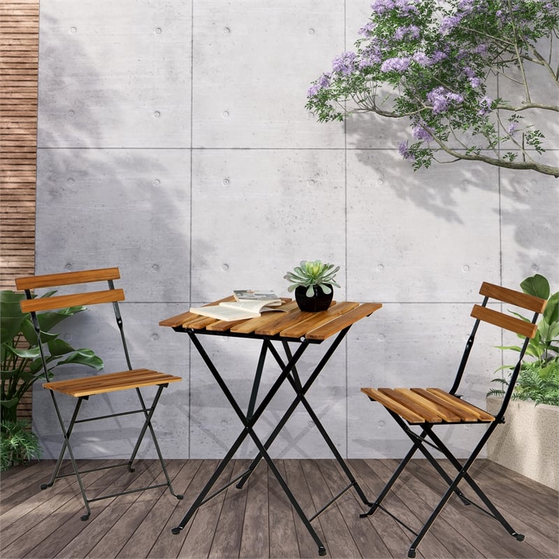 Afuera Living Waterproof Teak Wood Folding Bistro Set with 2 Chairs & Table