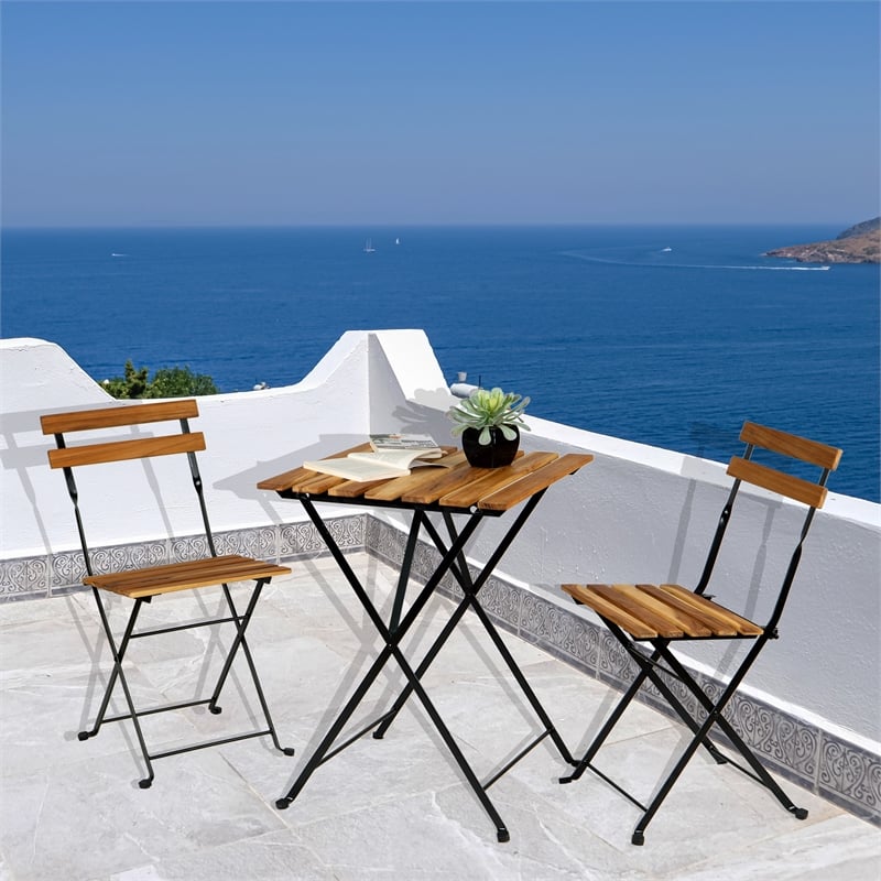 Afuera Living Waterproof Teak Wood Folding Bistro Set with 2 Chairs & Table