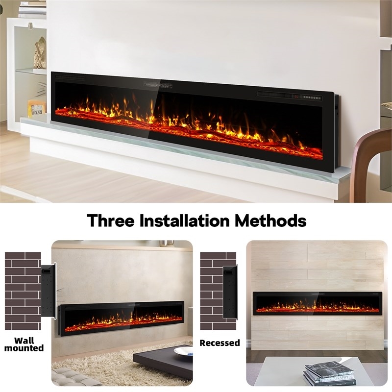 Afuera Living 100-Inch Black 1500W Ultra-Thin Recessed Fireplace 3D HD Flames