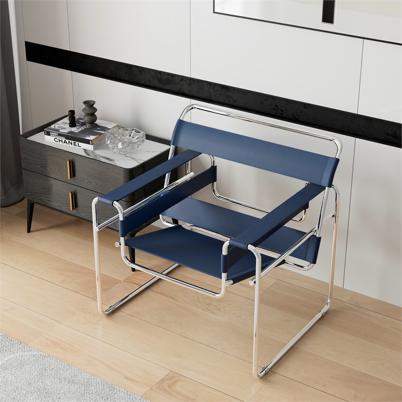Afuera Living Blue Saddle Leather Chrome Accent Chair 29.9Hx31.1W Inches