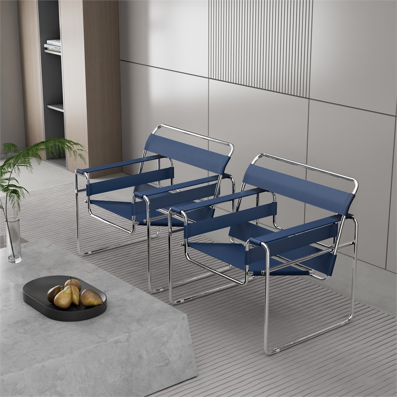 Afuera Living Blue Saddle Leather Chrome Accent Chair 29.9Hx31.1W Inches