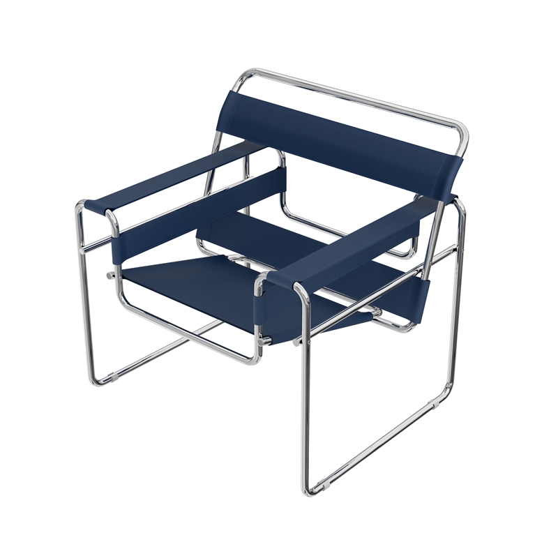 Afuera Living Blue Saddle Leather Chrome Accent Chair 29.9Hx31.1W Inches