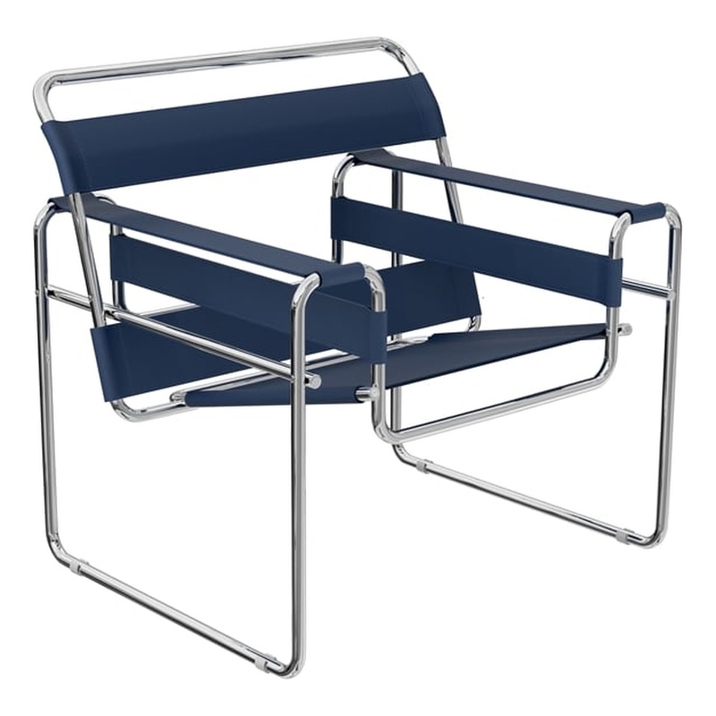 Afuera Living Blue Saddle Leather Chrome Accent Chair 29.9Hx31.1W Inches