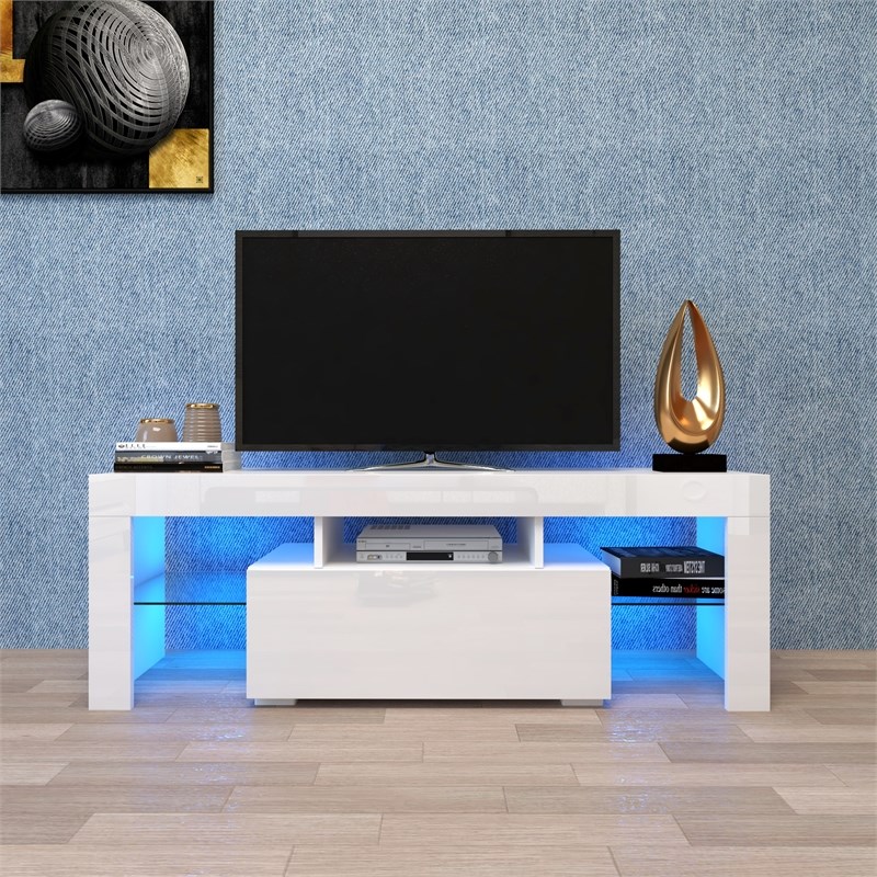Afuera Living White TV Stand with LED Lights & 5 Open Shelves for up to 55 Inch