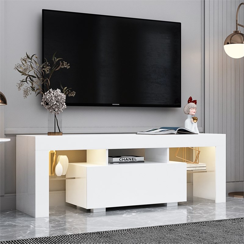 Afuera Living White TV Stand with LED Lights & 5 Open Shelves for up to 55 Inch