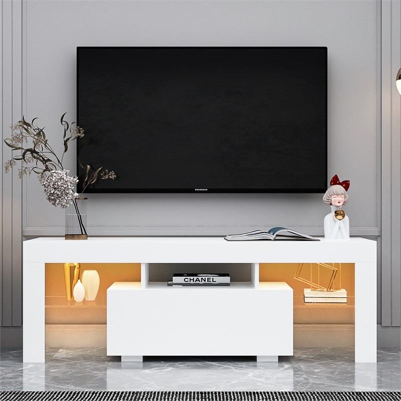 Afuera Living White TV Stand with LED Lights & 5 Open Shelves for up to 55 Inch