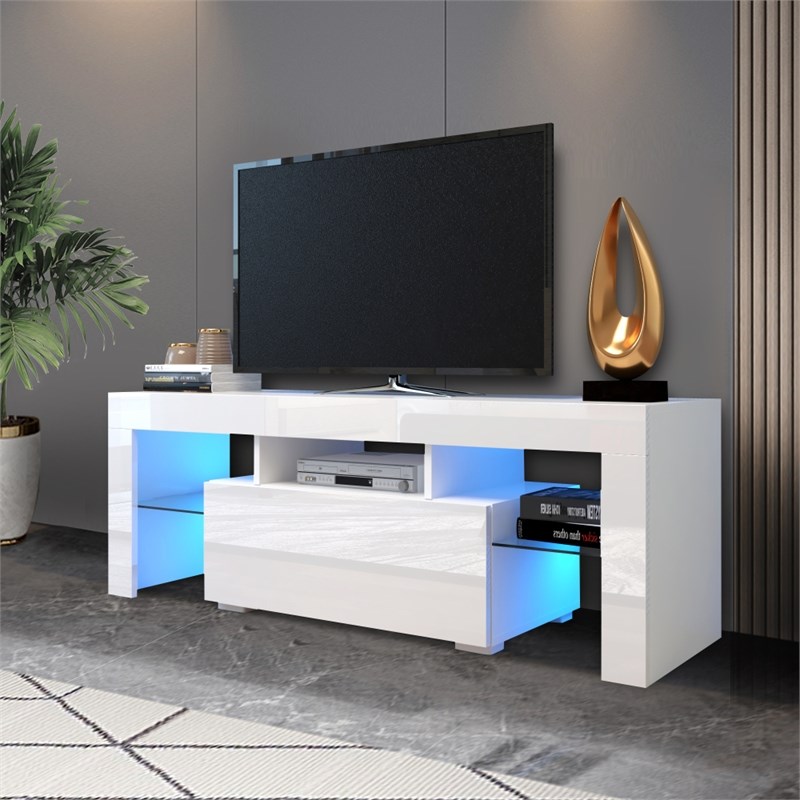 Afuera Living White TV Stand with LED Lights & 5 Open Shelves for up to 55 Inch