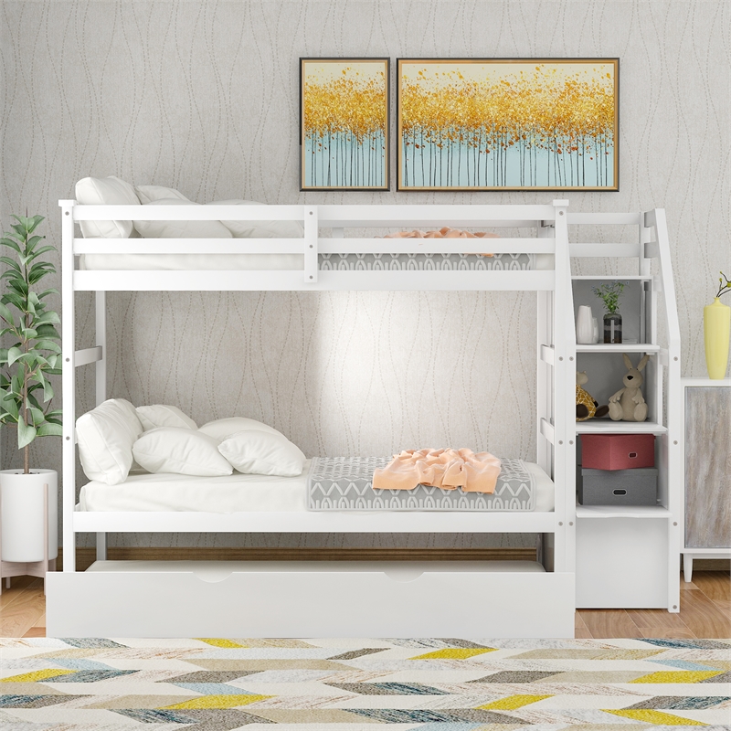 Afuera Living White Twin-Over-Twin Bunk Bed with Trundle & 3 Storage Stairs