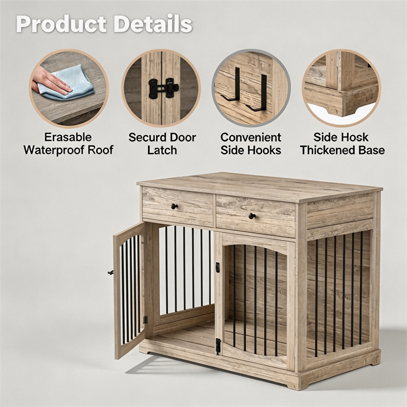 Afuera Living 40-Inch Gray Dual Door Dog Crate with 2 Drawers & 200 lbs Top