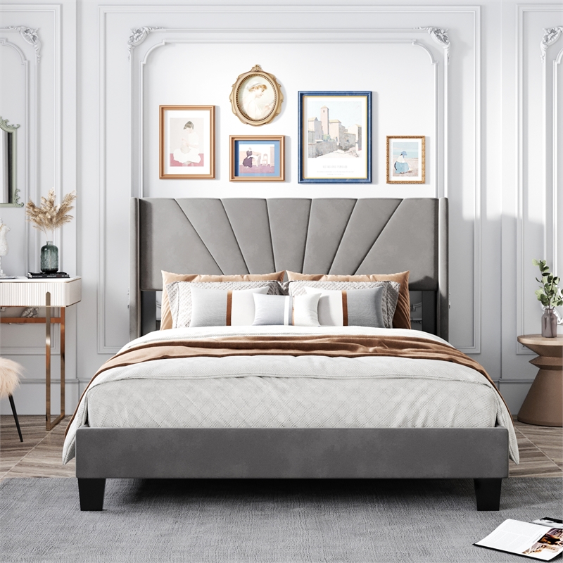 Afuera Living Queen Gray Velvet Platform Bed 500 lbs Box Spring Needed