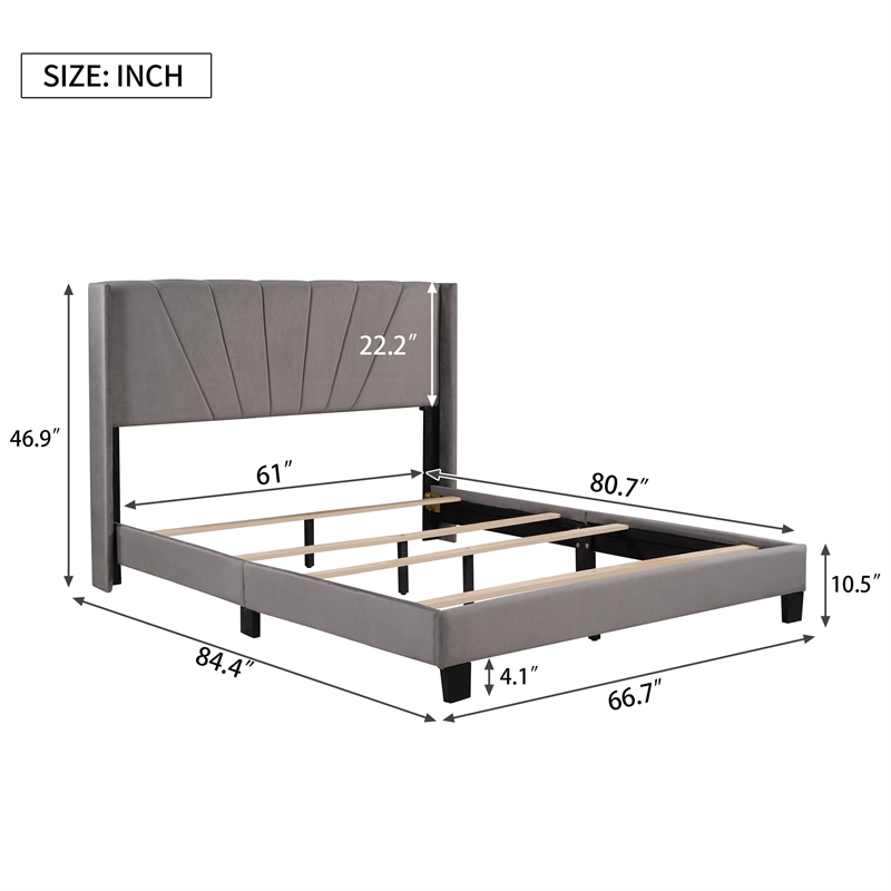 Afuera Living Queen Gray Velvet Platform Bed 500 lbs Box Spring Needed