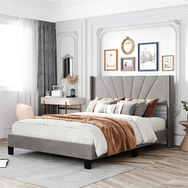 Afuera Living Queen Gray Velvet Platform Bed 500 lbs Box Spring Needed
