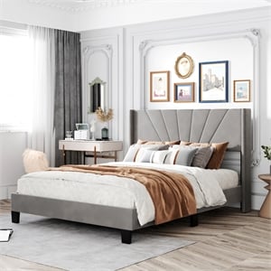 Afuera Living Queen Gray Velvet Platform Bed 500 lbs Box Spring Needed