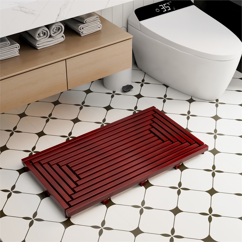 Afuera Living Oiled Finish Teak Wood Reversible Shower Mat w/ 12 Anti-Slip Pads