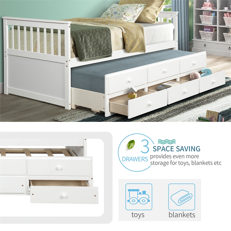 Afuera Living White Twin Solid Wood Daybed with Trundle and 3 Storage Drawers