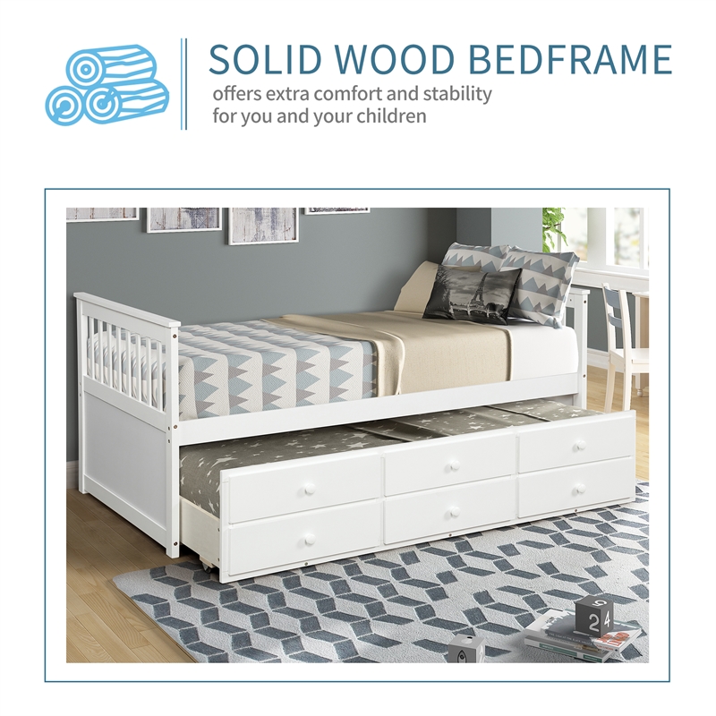 Afuera Living White Twin Solid Wood Daybed with Trundle and 3 Storage Drawers