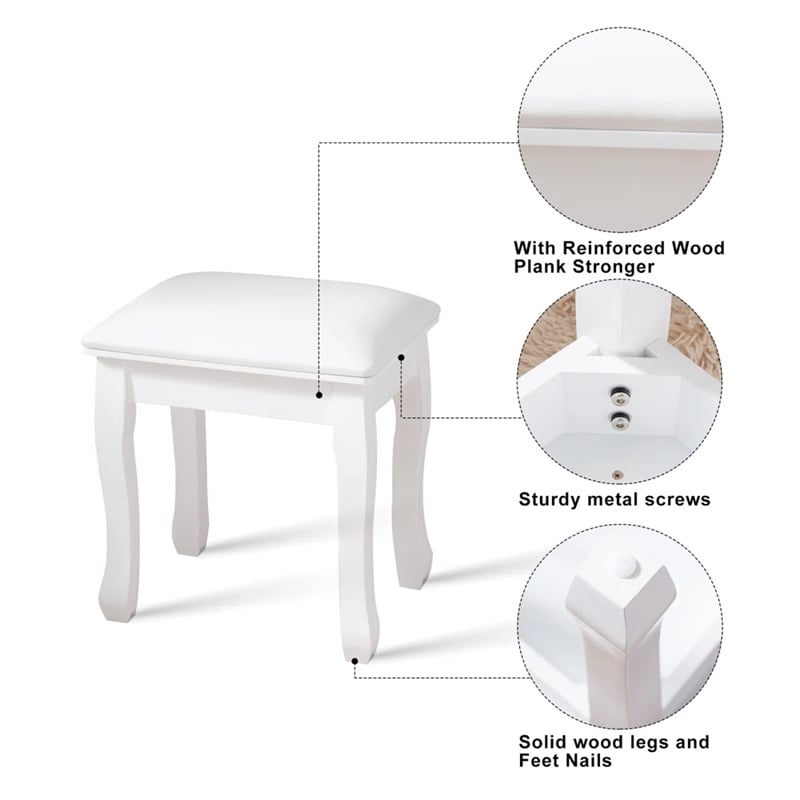 Afuera Living 18-Inch White Vanity Stool MDF & Solid Wood with Flannel Cushion