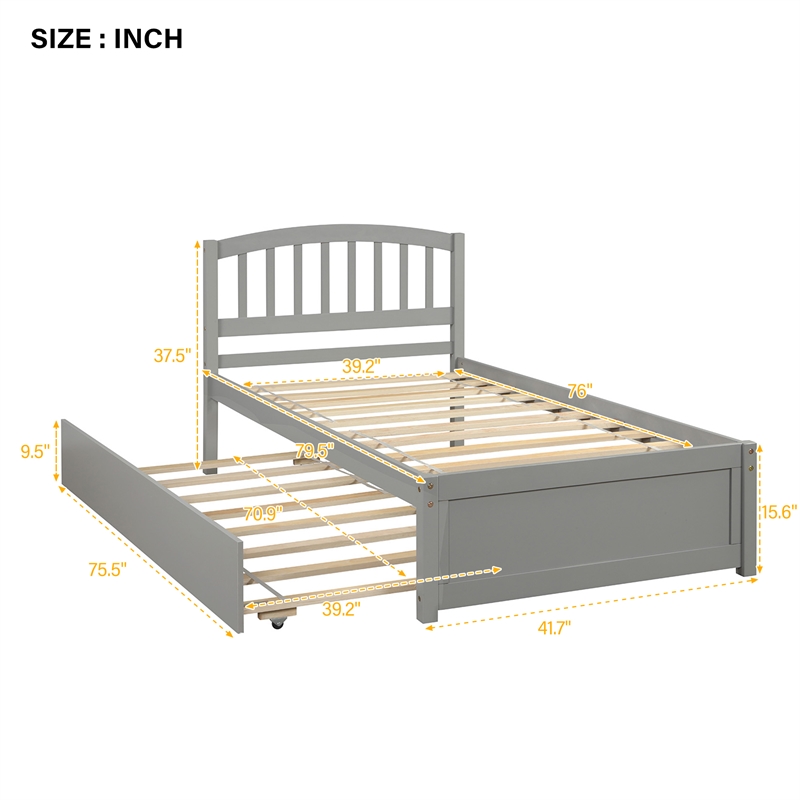 Afuera Living Twin Grey Wood Platform Bed with Trundle 79.5x41.7x37.5 Inches