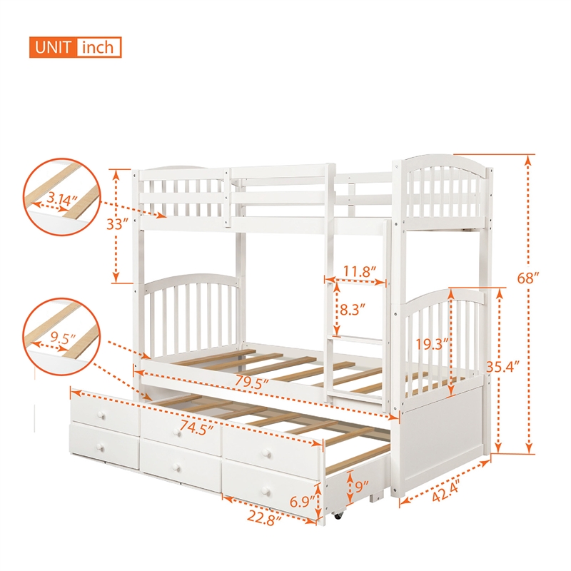 Afuera Living White Twin Bunk Bed with Ladder & Trundle & 3 Storage Drawers