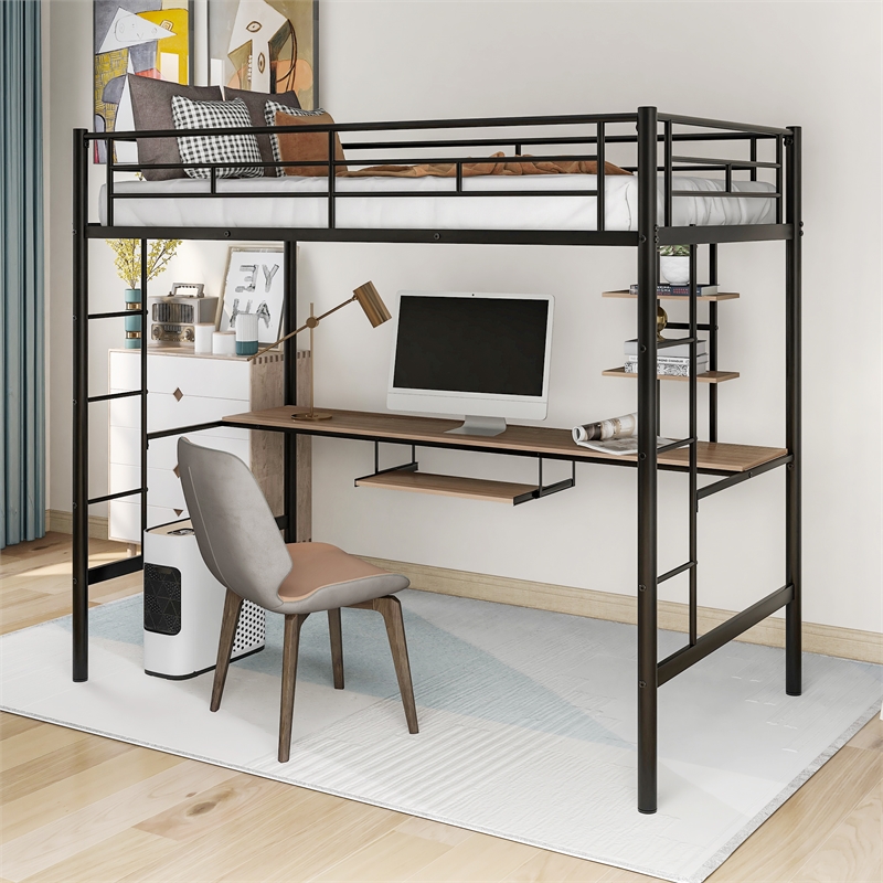 Afuera Living Black Twin Loft Bed with Desk and 2 Bookshelves Metal Frame