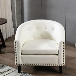 Afuera Living White PU Leather Ergonomic Tufted Barrel Accent Chair