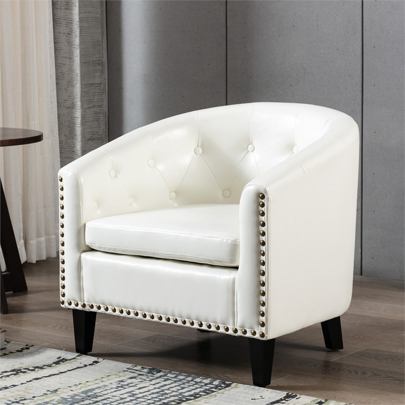 Afuera Living White PU Leather Ergonomic Tufted Barrel Accent Chair
